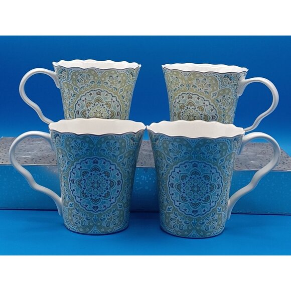 222 Fifth Lyria Teal Paisley Medallion Coffee Mugs Set Of 4 Porcelain Scalloped - Picture 5 of 14